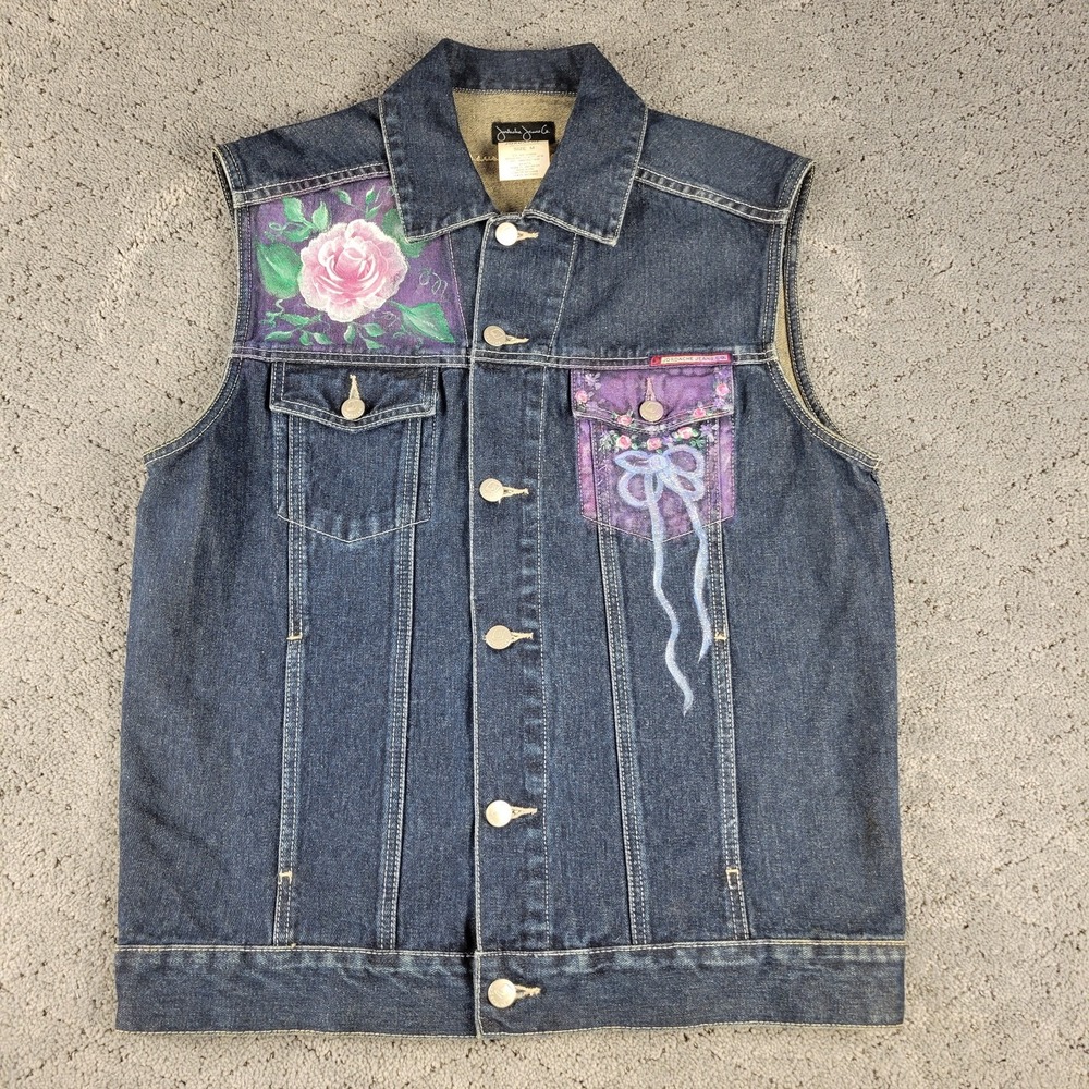 Jordache Jeans Vest Womens M Blue Dark Wash Denim Embellished Sleeveless Button